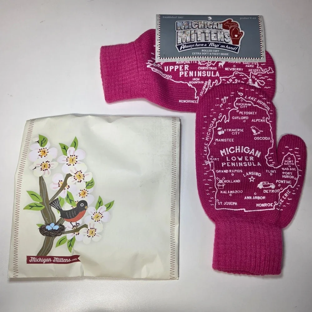 Michigan Mittens Pink Lower Upper Peninsula Map Winter Gloves One Size